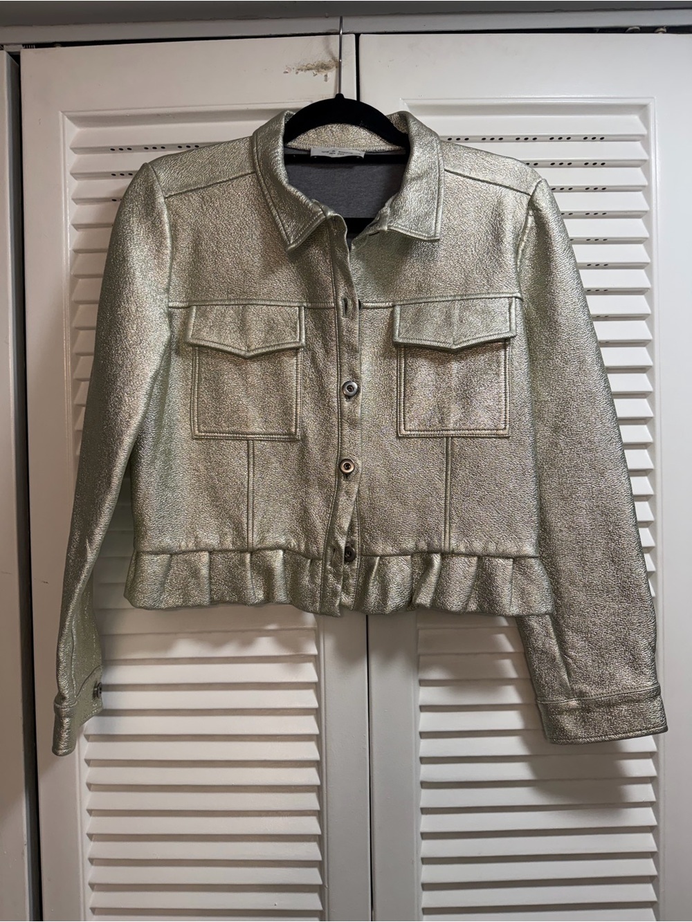 Lola & Sophie New York 
 Metallic Platinum Faux Leather Gold Ruffle-Hem Jacket